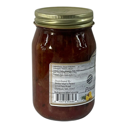 Broke Man's Pantry Medium Pineapple Bacon Salsa in a glass jar with a gold lid, featuring a rustic label.
