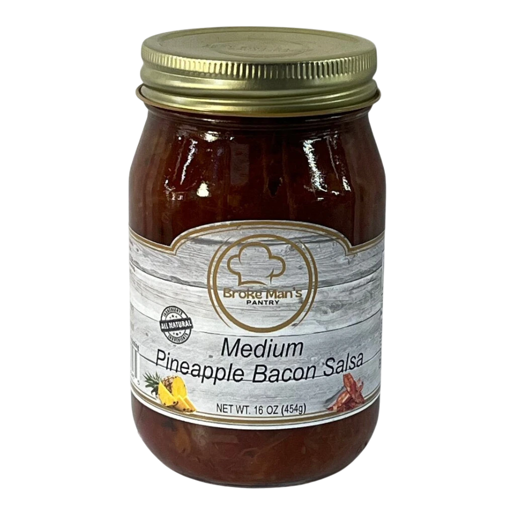 Broke Man's Pantry Medium Pineapple Bacon Salsa in a 16 oz glass jar with a gold lid and rustic wood-look label.
