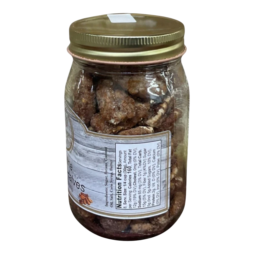 Broke Man's Pantry Praline Pecan Halves in a glass jar with a gold lid, featuring a rustic wood-grain label.