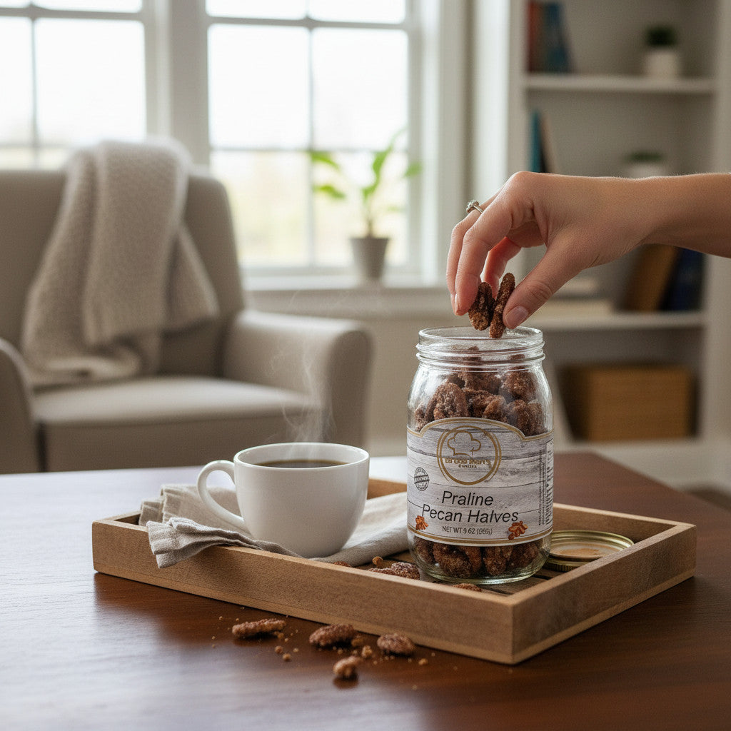 Broke Man's Pantry Praline Pecan Halves in a glass jar served on a wooden tray with a steaming cup of coffee.