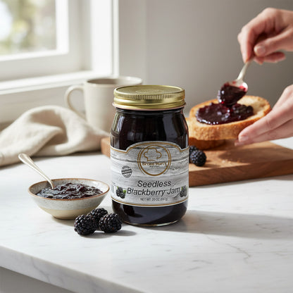 Broke Man's Pantry seedless blackberry jam jar on a marble counter with fresh berries and toast being spread.
