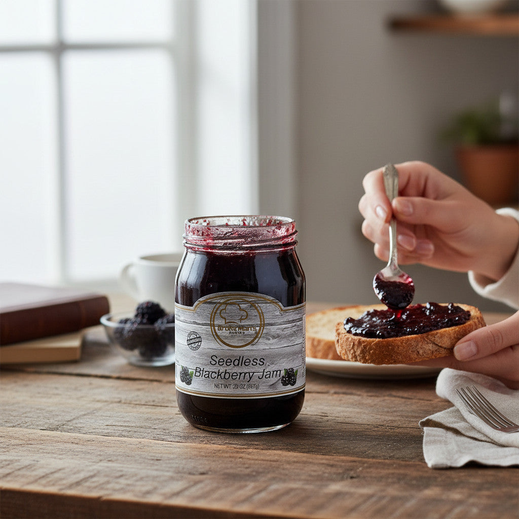 Broke Man's Pantry seedless blackberry jam being spread on toast with a silver spoon on a rustic wooden table.
