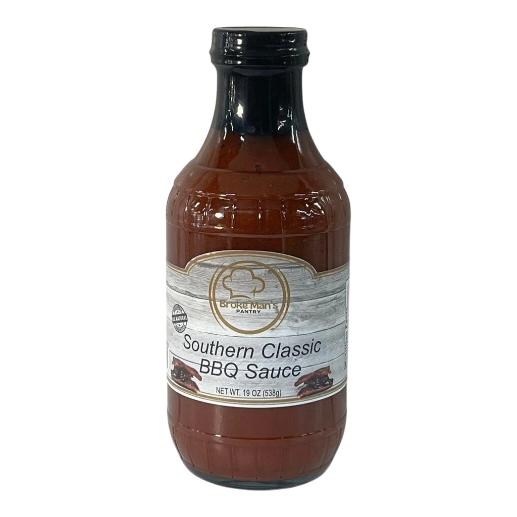 Broke Man's Pantry Southern Classic BBQ Sauce in a 19 oz bottle with a rustic label and black cap.