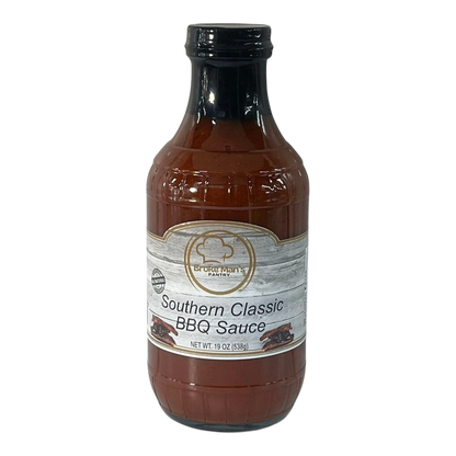 Broke Man's Pantry Southern Classic BBQ Sauce in a 19 oz glass bottle with a rustic label for grilling.