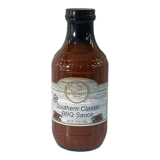 Broke Man's Pantry Southern Classic BBQ Sauce in a 19 oz glass bottle with a rustic label for grilling.