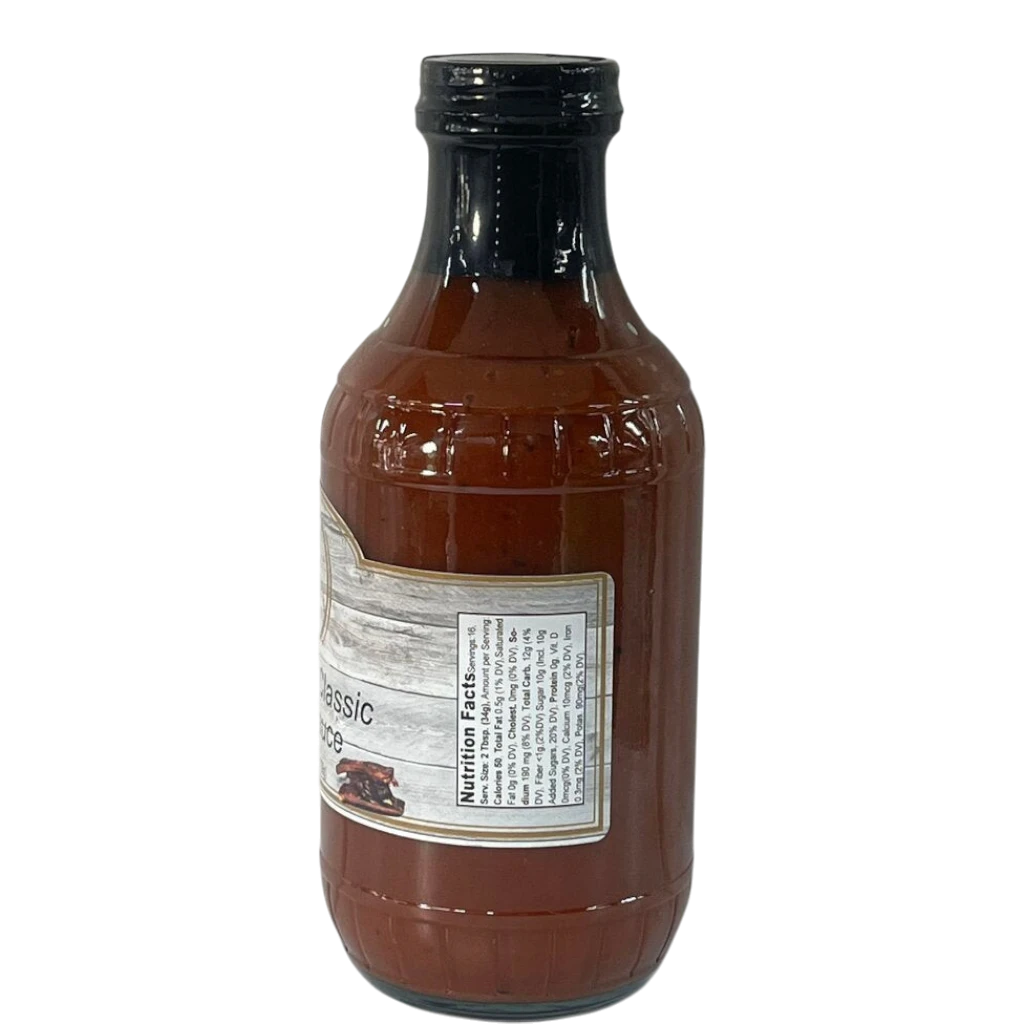 Broke Man's Pantry Southern Classic BBQ sauce in a glass bottle with a nutrition facts label on a black background.