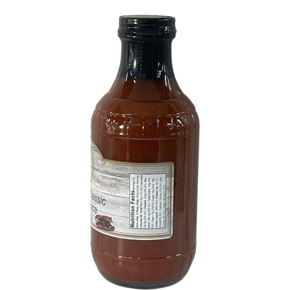 Broke Man's Pantry Southern Classic BBQ sauce in a glass bottle with a nutrition facts label on a black background.