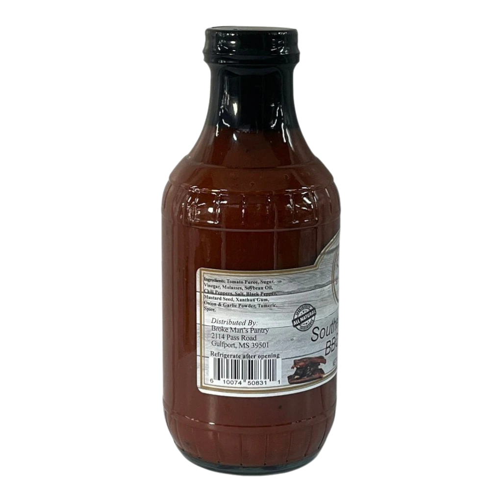 Broke Man's Pantry Southern Classic BBQ Sauce in a glass bottle with a label showing ingredients and nutrition facts.