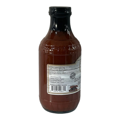 Broke Man's Pantry Southern Classic BBQ Sauce in a glass bottle with a label showing ingredients and nutrition facts.