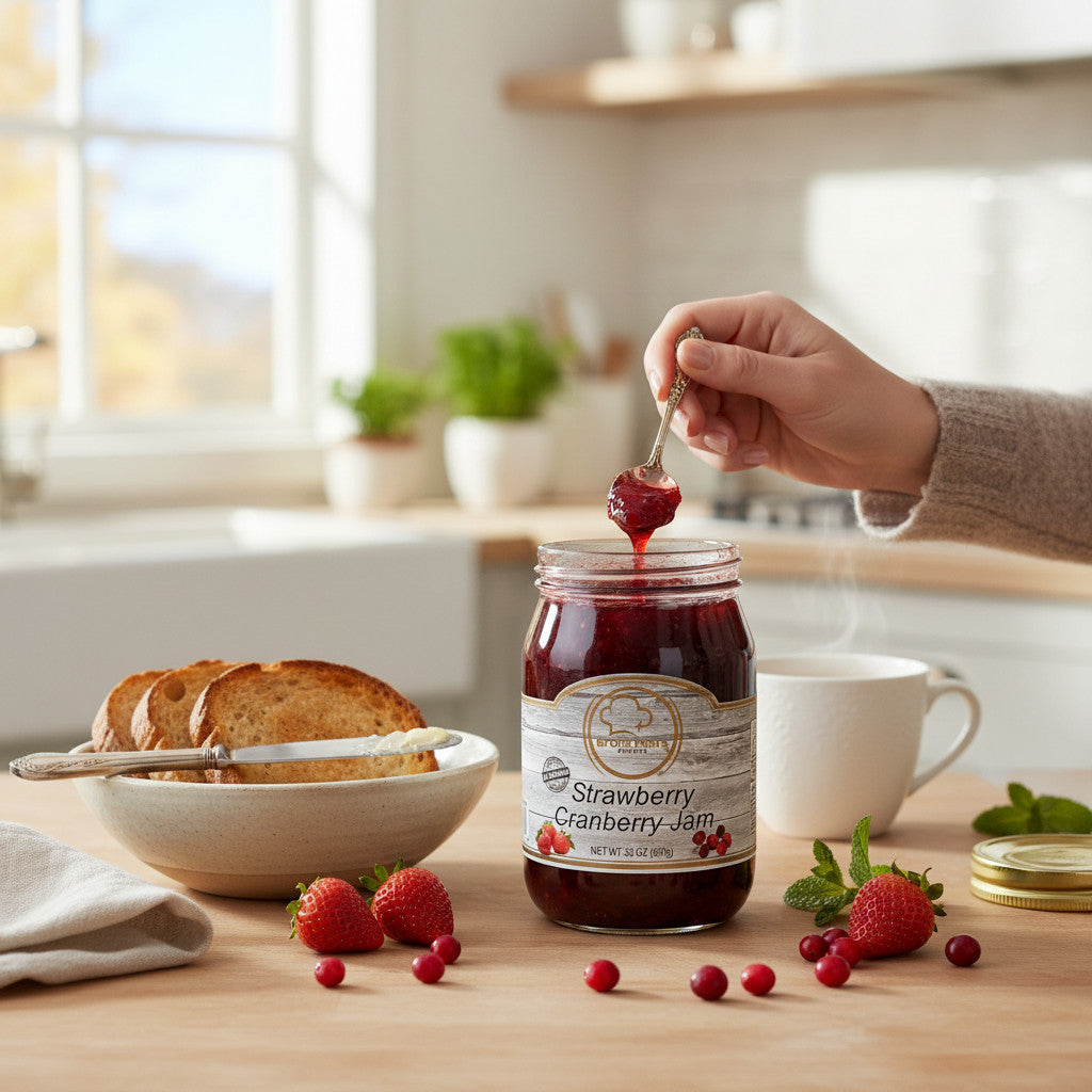 Broke Man's Pantry strawberry cranberry jam jar with fresh fruit, toasted bread, and a spoon in a bright kitchen.
