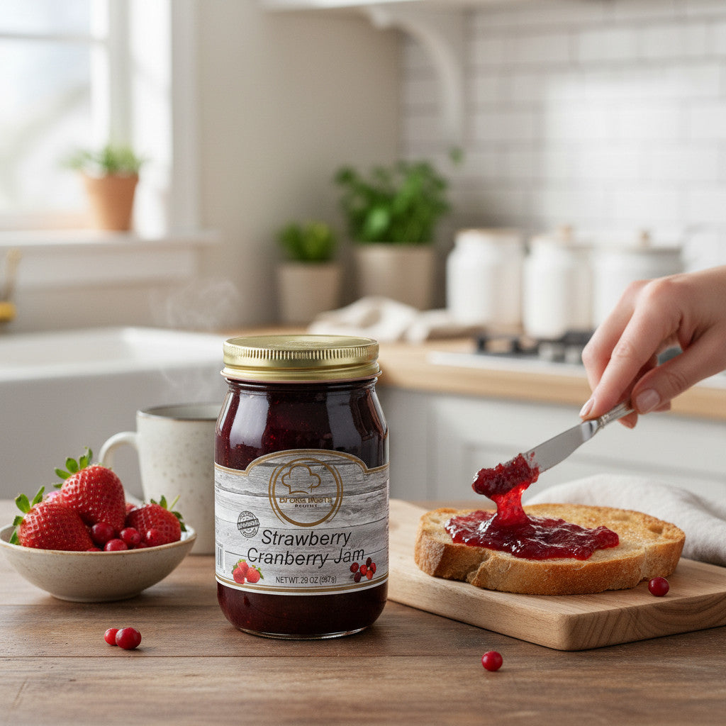 Broke Man's Pantry Strawberry Cranberry Jam jar with a hand spreading red fruit jam on toasted bread in a kitchen.