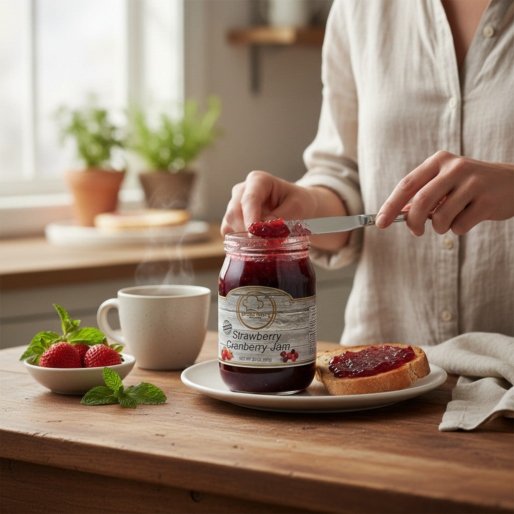 Broke Man's Pantry Strawberry Cranberry Jam spread on toast by a person in a bright, rustic kitchen setting.