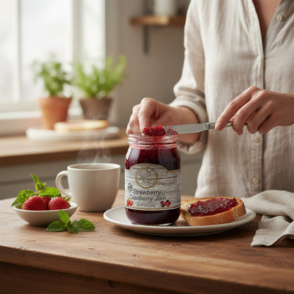 Broke Man's Pantry Strawberry Cranberry Jam spread on toast by a person in a bright, rustic kitchen setting.