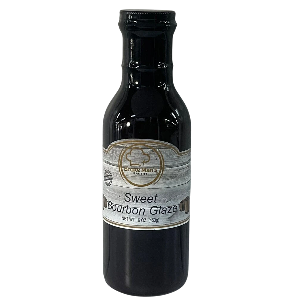 Broke Man's Pantry Sweet Bourbon Glaze in a 16 oz bottle with a rustic wood-grain label for grilling meats.