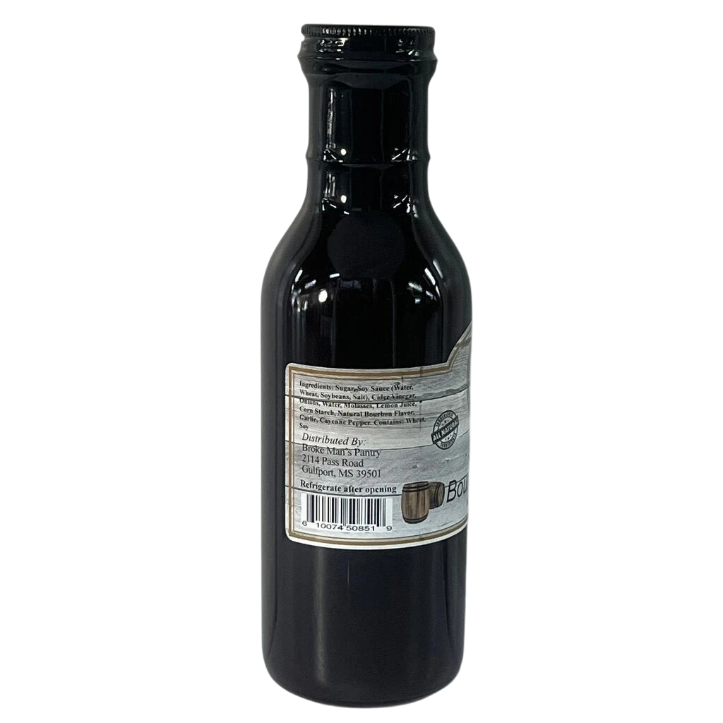Back label of Broke Man's Pantry Sweet Bourbon Glaze showing ingredients and distribution details on a glass bottle.