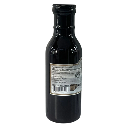 Back label of Broke Man's Pantry Sweet Bourbon Glaze showing ingredients and distribution details on a glass bottle.