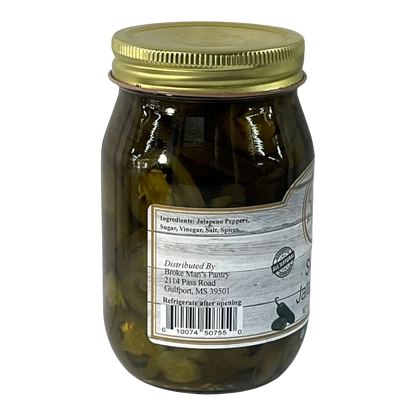 Broke Man's Pantry Sweet Jalapeños in a glass jar with a gold lid, featuring all-natural ingredients.