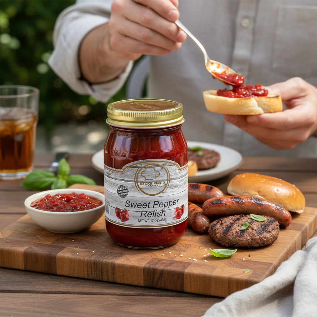 Broke Man's Pantry sweet pepper relish in a glass jar served on a wooden board with grilled burgers and sausages.