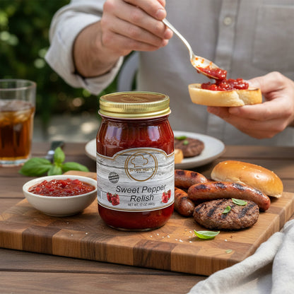 Broke Man's Pantry sweet pepper relish in a glass jar served on a wooden board with grilled burgers and sausages.