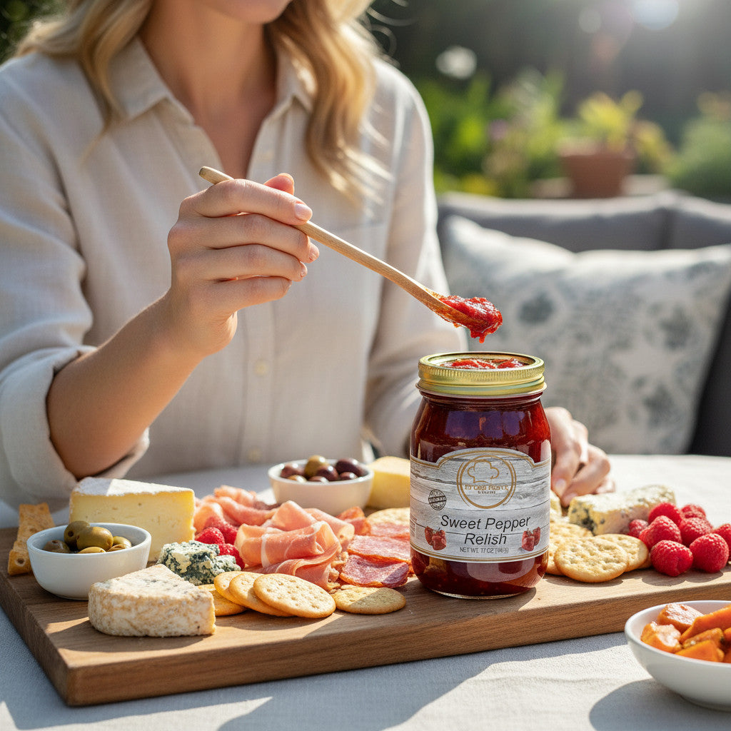 Broke Man's Pantry sweet pepper relish in a glass jar served on a charcuterie board with cheese, crackers, and fruit.
