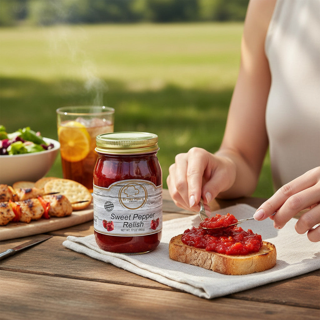 Broke Man's Pantry sweet red pepper relish spread on toast at an outdoor picnic table with grilled skewers.