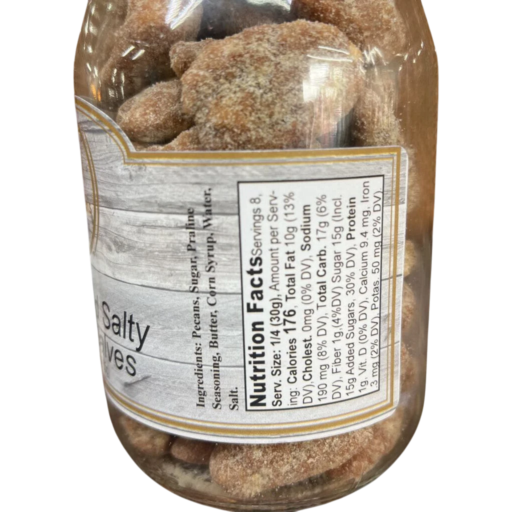 Broke Man's Pantry sweet and salty pecan halves in a clear jar with a nutrition facts label visible.
