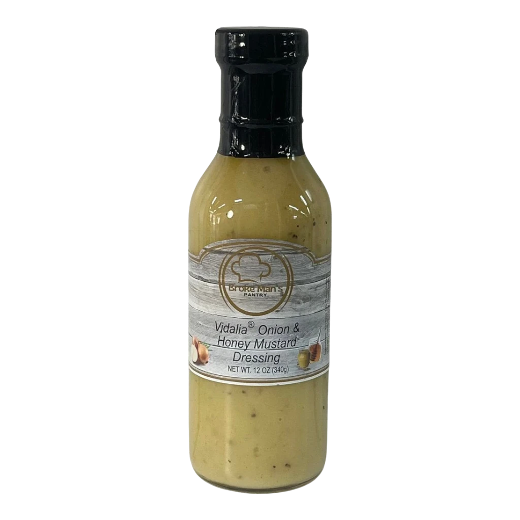 Broke Man's Pantry Vidalia Onion & Honey Mustard Dressing in a 12oz glass bottle with a black cap.
