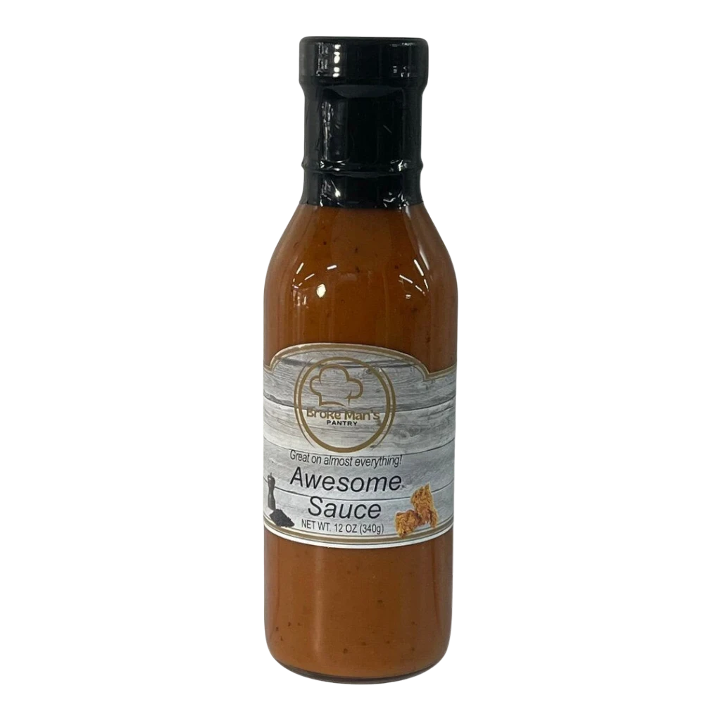 Broke Man's Pantry Awesome Sauce in a 12 oz glass bottle with a rustic label, perfect for burgers and fries.
