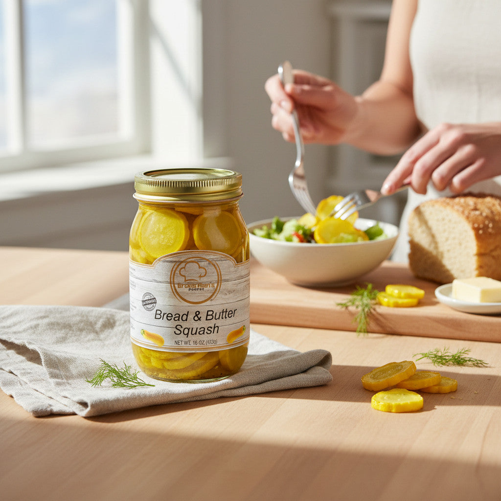 Broke Man's Pantry Bread and Butter Squash jar on a wooden table with fresh squash slices and a person eating nearby.