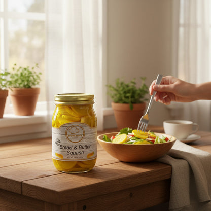 Broke Man's Pantry Bread and Butter Squash jar on a wooden table next to a salad bowl with a hand holding a fork.