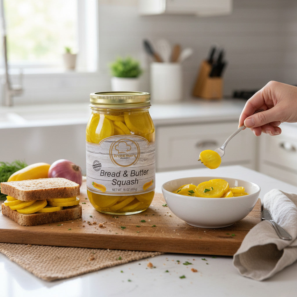 Broke Man's Pantry Bread and Butter Squash jar on a wooden board with a sandwich and a bowl of pickled squash slices.