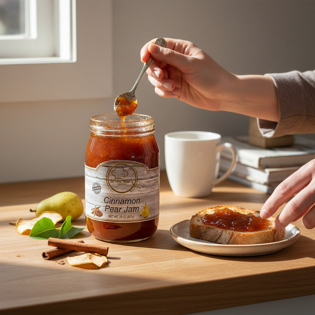 Broke Man's Pantry Cinnamon Pear Jam in a glass jar with a spoon, fresh pears, and cinnamon sticks on a wooden table.