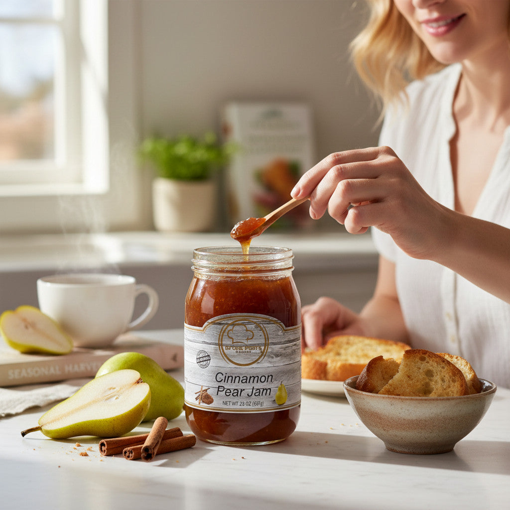 Broke Man's Pantry Cinnamon Pear Jam in a glass jar with fresh pears, cinnamon sticks, and toast on a kitchen table.