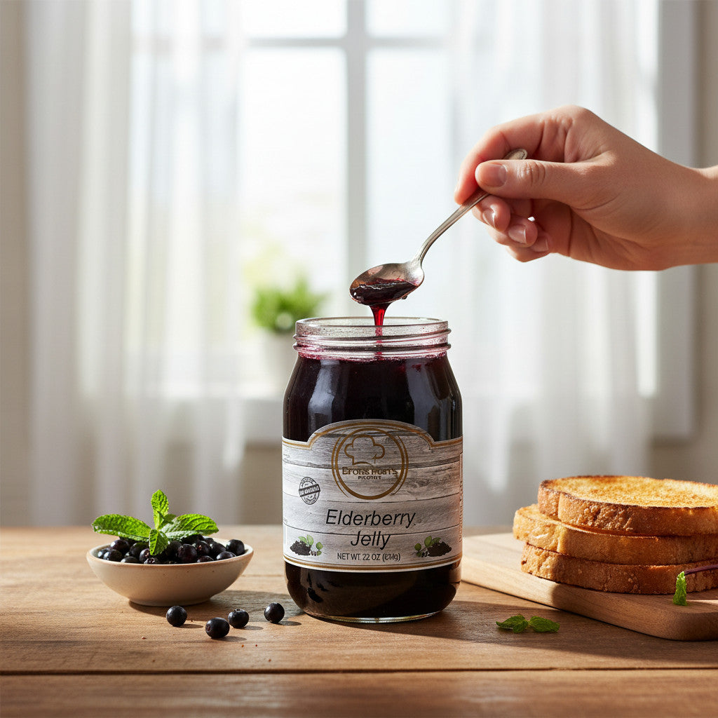 Broke Man's Pantry deep purple elderberry jelly in a glass jar with a spoon, toast, and fresh berries on a table.