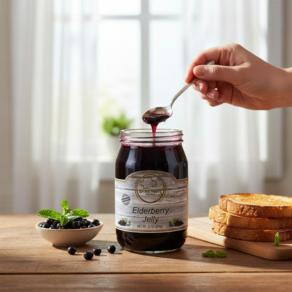 Broke Man's Pantry deep purple elderberry jelly in a glass jar with a spoon, toast, and fresh berries on a table.