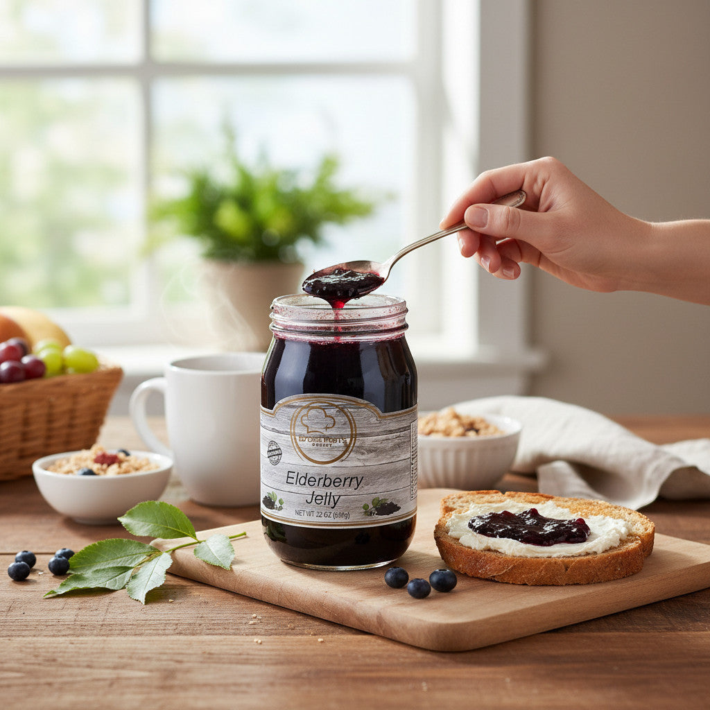 Broke Man's Pantry deep purple elderberry jelly in a glass jar with a spoon, served on toast with cream cheese.