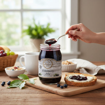 Broke Man's Pantry deep purple elderberry jelly in a glass jar with a spoon, served on toast with cream cheese.