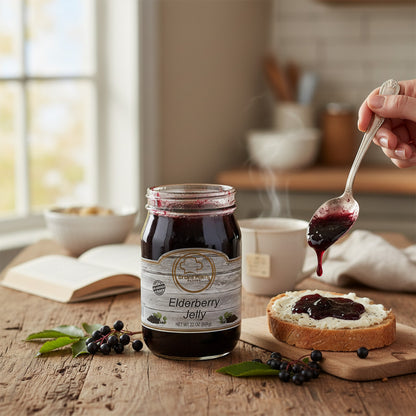 Broke Man's Pantry Elderberry Jelly in a glass jar with fresh berries, served on toast in a cozy kitchen setting.