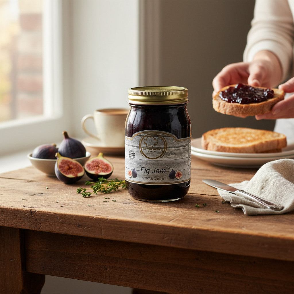 Broke Man's Pantry Fig Jam in a glass jar on a rustic wooden table with fresh figs and toast.