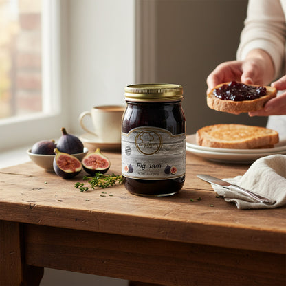 Broke Man's Pantry Fig Jam in a glass jar on a rustic wooden table with fresh figs and toast.