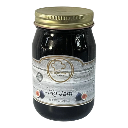 Broke Man's Pantry Fig Jam in a 20oz glass jar with a gold lid, featuring a rustic wood-grain label design.