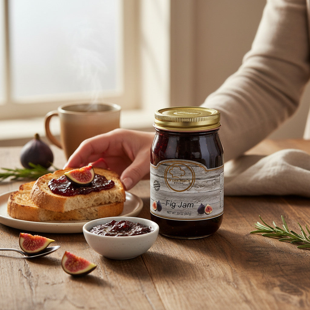 Broke Man's Pantry FIG JAM in a glass jar next to toasted bread with jam, fresh figs, and a warm mug on a table.