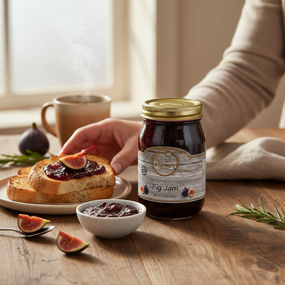 Broke Man's Pantry FIG JAM in a glass jar next to toasted bread with jam, fresh figs, and a warm mug on a table.
