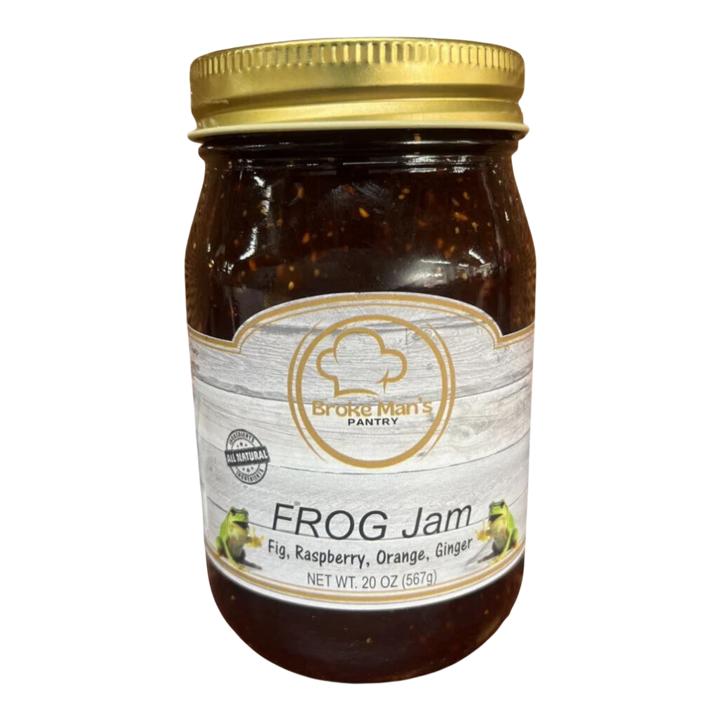 Broke Man's Pantry FROG Jam in a 20oz glass jar with a gold lid, featuring fig, raspberry, orange, and ginger.