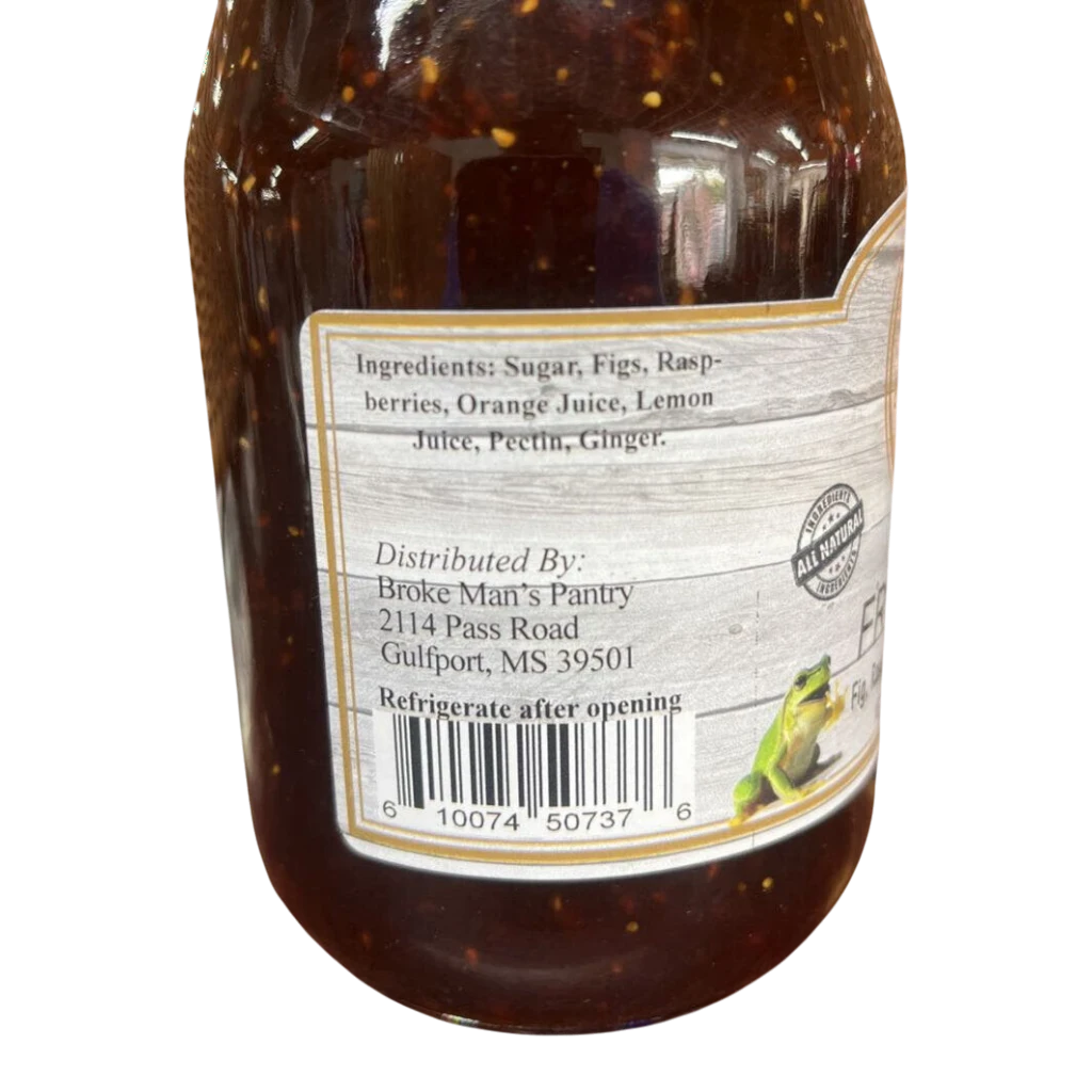 Broke Man's Pantry FROG Jam label showing ingredients like figs, raspberries, orange, and ginger with a frog graphic.
