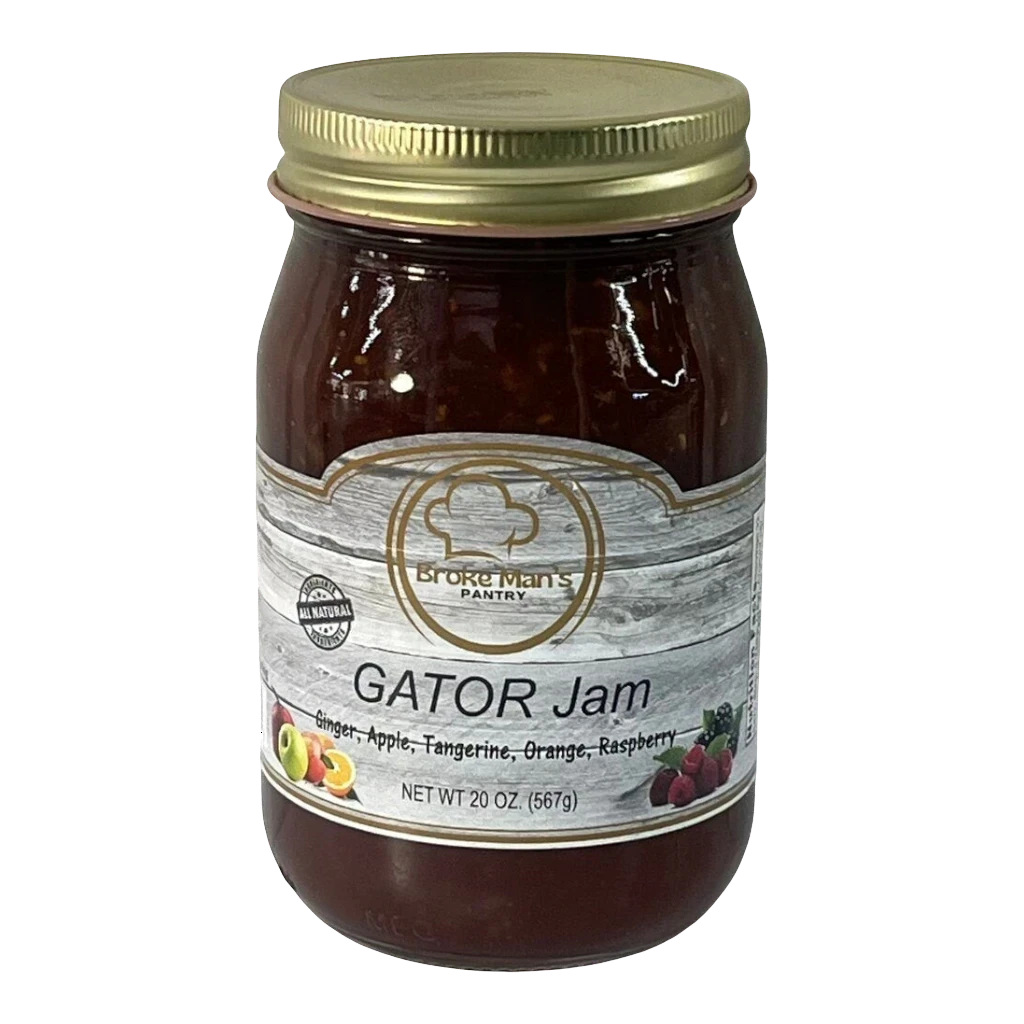 Broke Man's Pantry Gator Jam in a 20oz glass jar featuring ginger, apple, tangerine, orange, and raspberry flavors.
