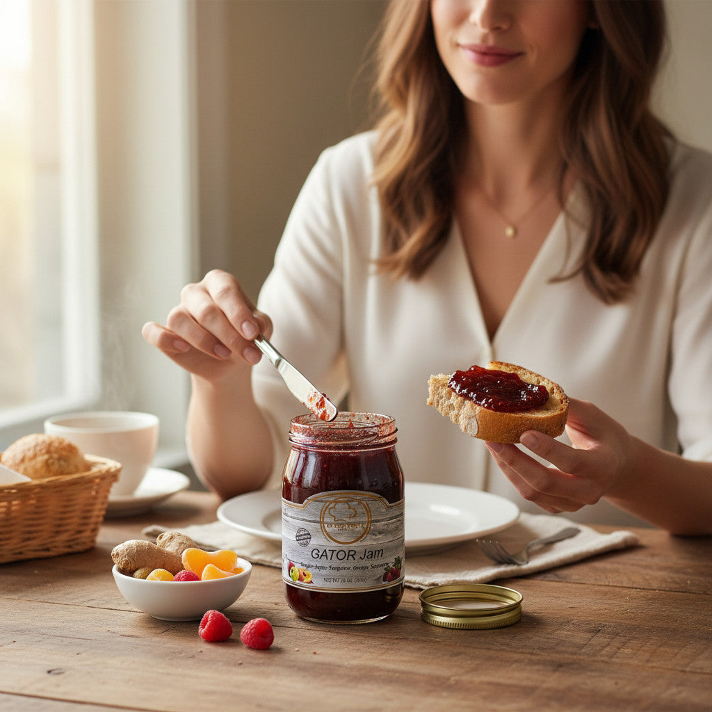 Woman spreading Broke Man's Pantry Gator Jam on toast with fresh ginger, tangerine, and raspberry on a wooden table.