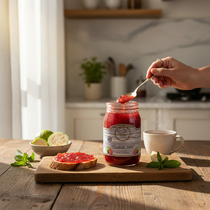 Broke Man's Pantry Guava Jam in a glass jar served on toast with fresh fruit in a sunlit kitchen setting.