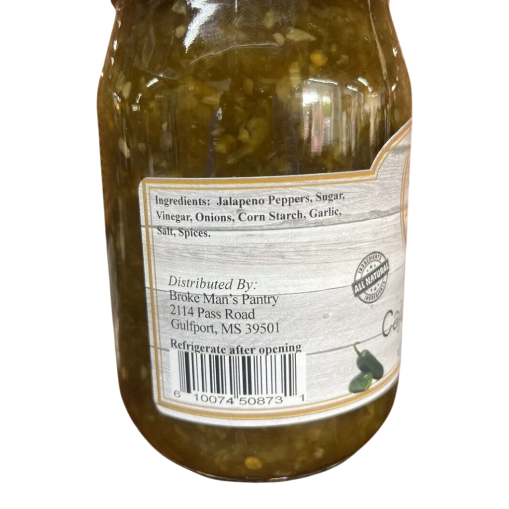 Broke Man's Pantry Jalapeño Cajun Candy jar showing ingredients list, including jalapeños, onions, and garlic.