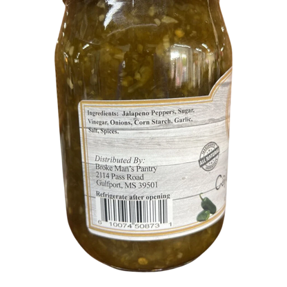 Broke Man's Pantry Jalapeño Cajun Candy jar showing ingredients list, including jalapeños, onions, and garlic.